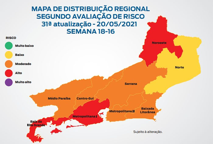 Mapa de Risco Covid-19: Estado do Rio de Janeiro está em bandeira laranja. Noroeste permanece com risco alto. Prefeito de Miracema endurece às regras contra a Covid-19