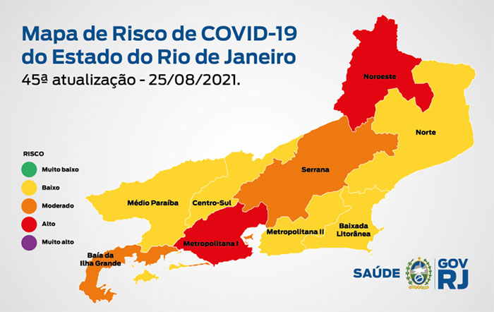 Mapa de Risco Covid-19: Estado do Rio de Janeiro volta a ter risco moderado de transmissão da doença. Noroeste está com bandeira vermelha