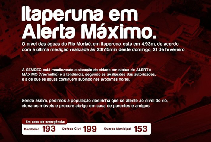 Itaperuna continua em estado de alerta máximo